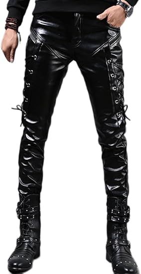 Idopy Men`s Rock Steampunk Lace Up PU Leather Pants Slim Fit