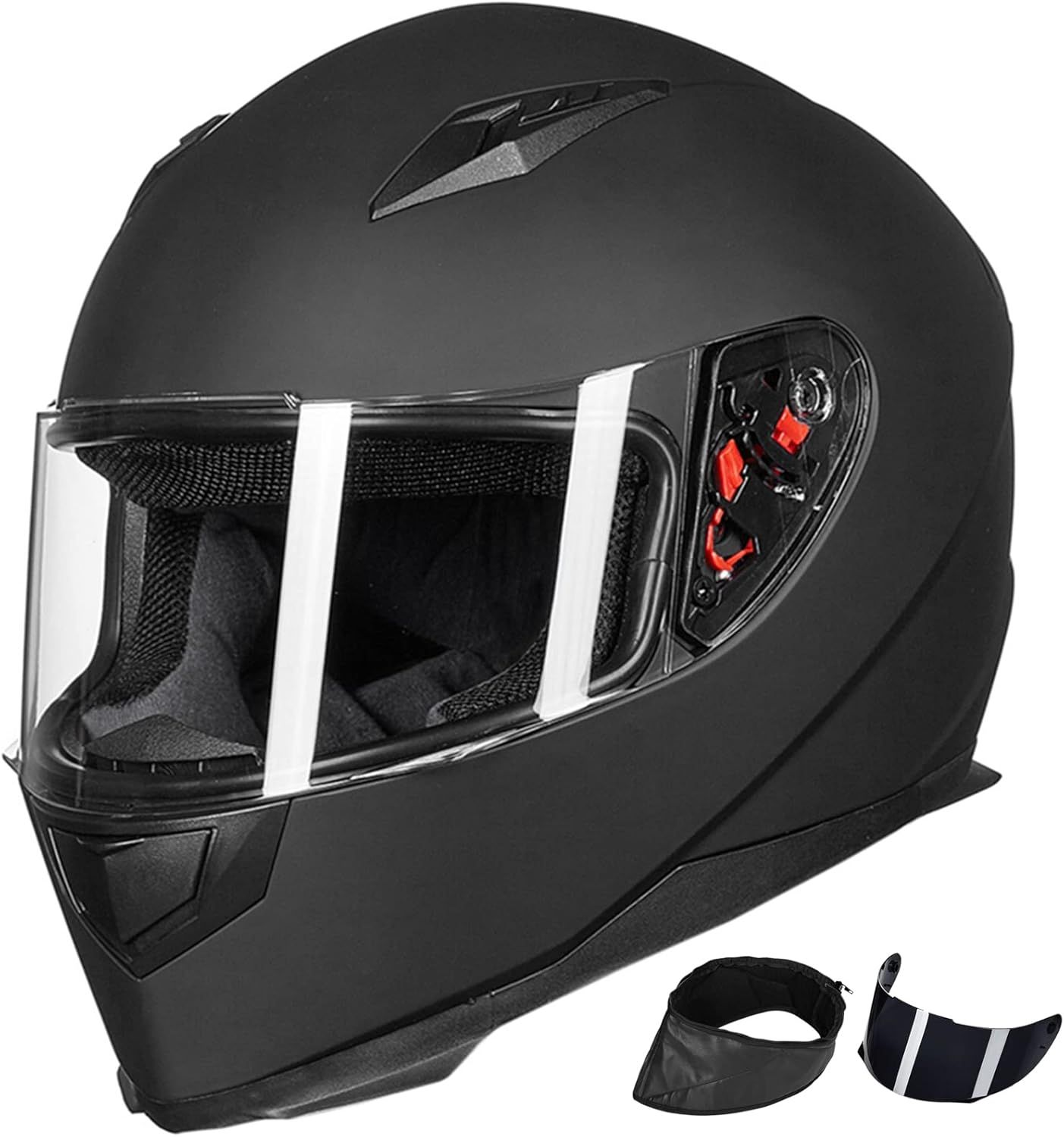 ILM Full Face Motorcycle Street Bike Helmet with Removable Winter Neck Scarf + 2 Visors DOT Model ILM-313 (L, Matte Black)