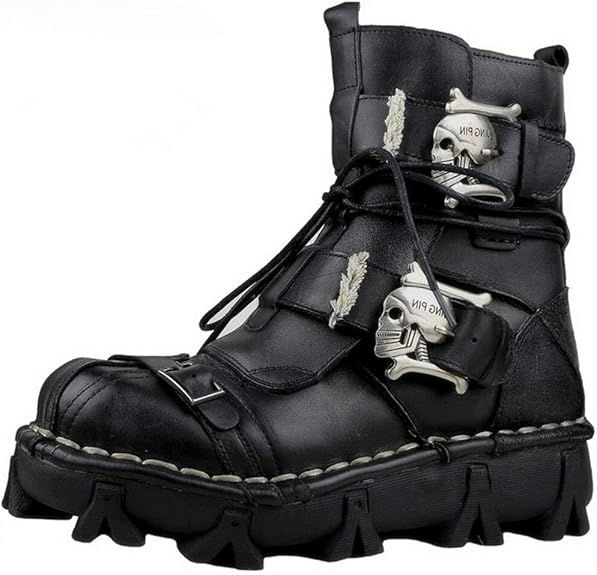 Lorie & Knight Mens Black Genuine Leather Military Army Boots Gothic Skull Punk Motorcycle Boots