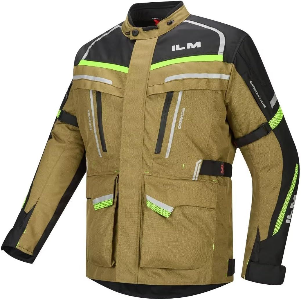 ILM Men's Street Motorcycle Jacket with CE Armor and Detachable Thermal Liner All Season Waterproof Adventure Touring Jackets Model JRL3 Yellowish Brown, L