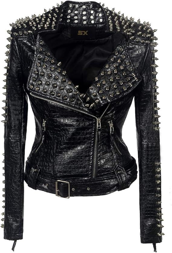 SX Women Punk Faux Leather PU Black Jacket Studded Rivet Fashion Streetwear Motorcycle Coat