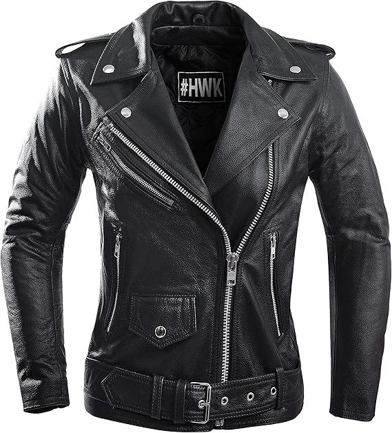 HWK Brando Leather Motorcycle Jacket for Women, Genuine Leather Jacket for Weather & Water Resistant Motorbike Riding